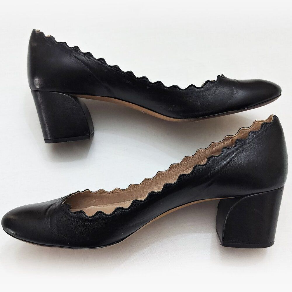 CHLOE Lauren Scalloped Leather Pumps Curved Block Heels Slip On 37.5 / 7.5 Black - Picture 14 of 16